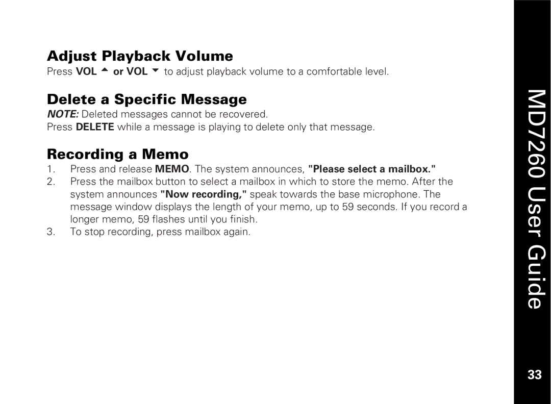 Motorola MD7260 manual Adjust Playback Volume, Delete a Specific Message, Recording a Memo 