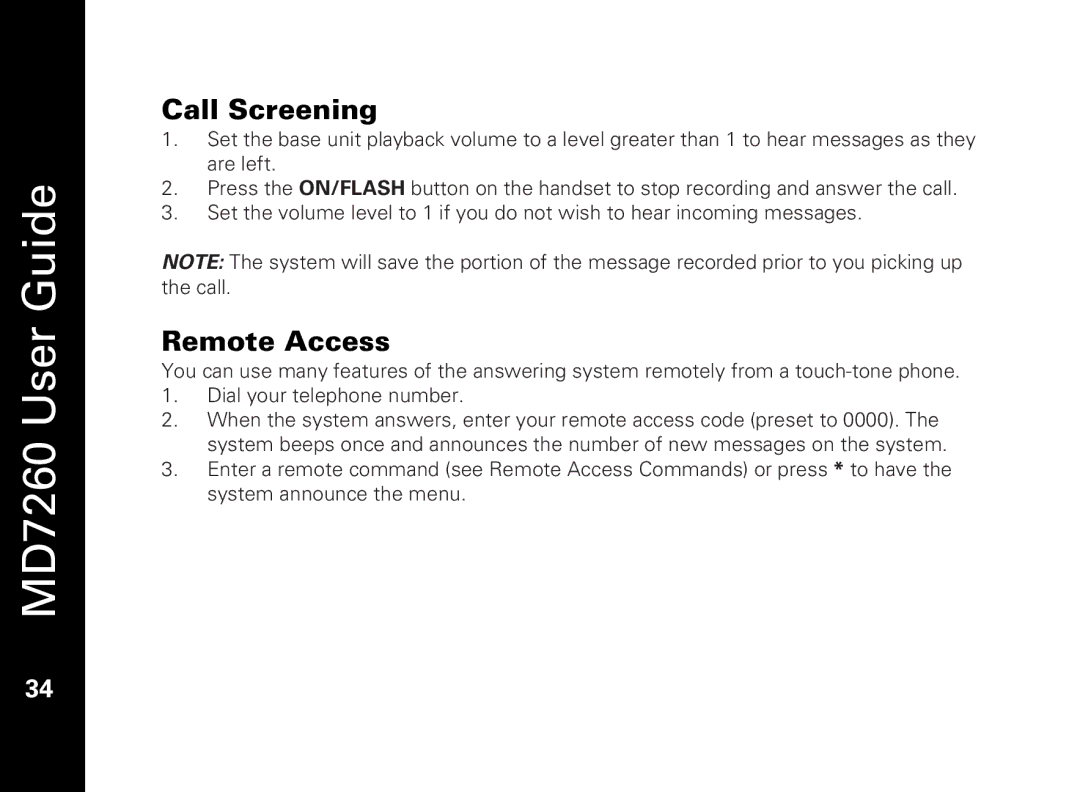 Motorola MD7260 manual Call Screening, Remote Access 