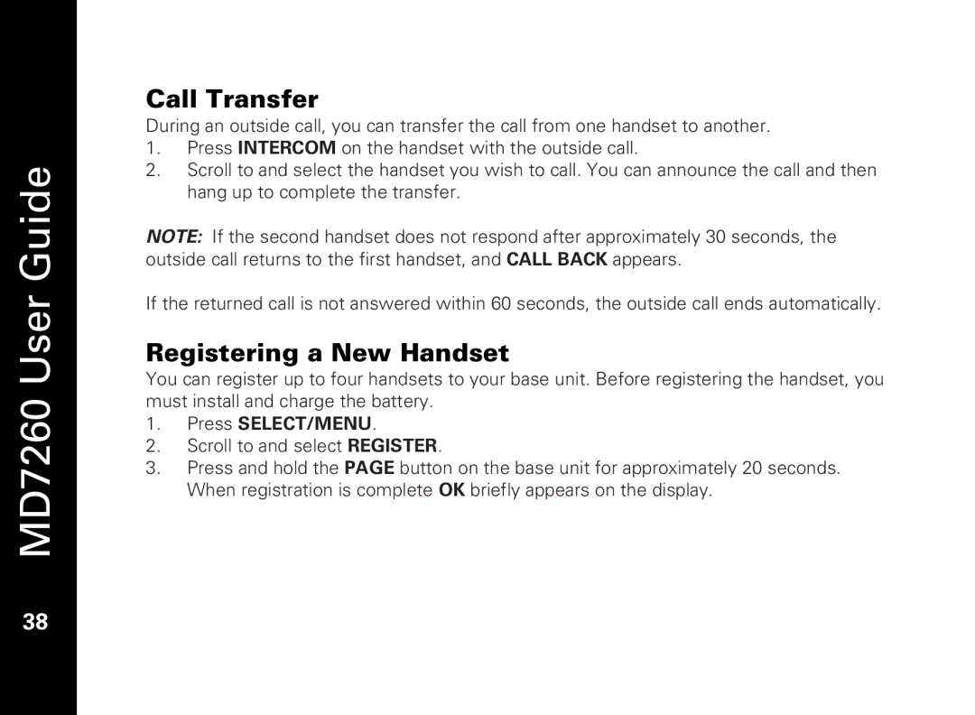 Motorola MD7260 manual Call Transfer, Registering a New Handset 