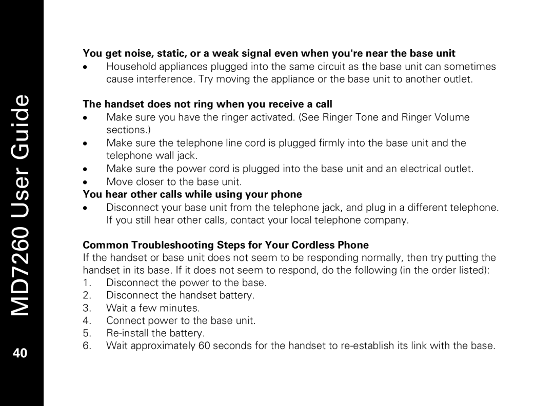 Motorola MD7260 manual Handset does not ring when you receive a call 