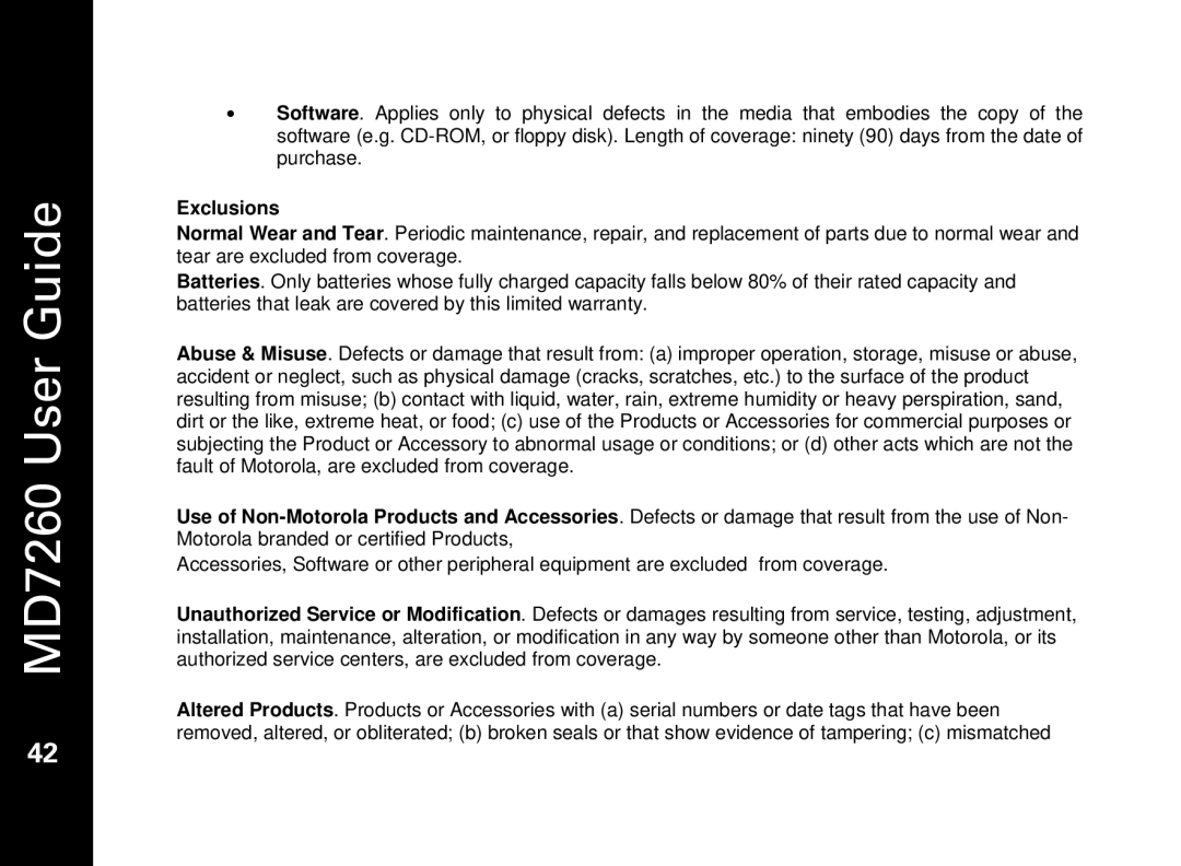 Motorola MD7260 manual Exclusions 