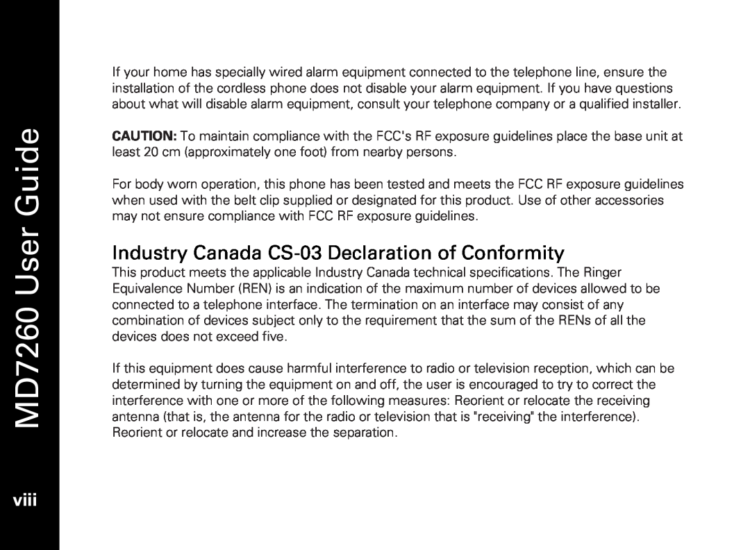 Motorola manual Industry Canada CS-03 Declaration of Conformity, viii, MD7260 User Guide 