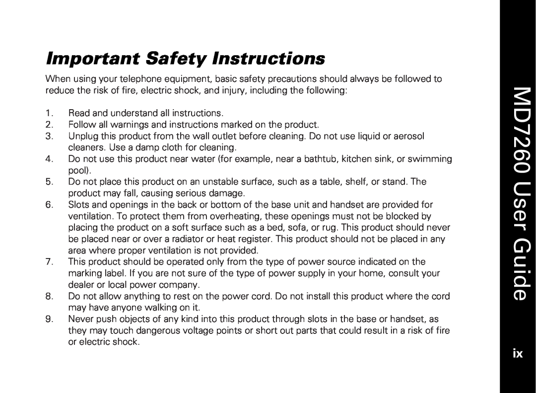 Motorola manual Important Safety Instructions, MD7260 User Guide 