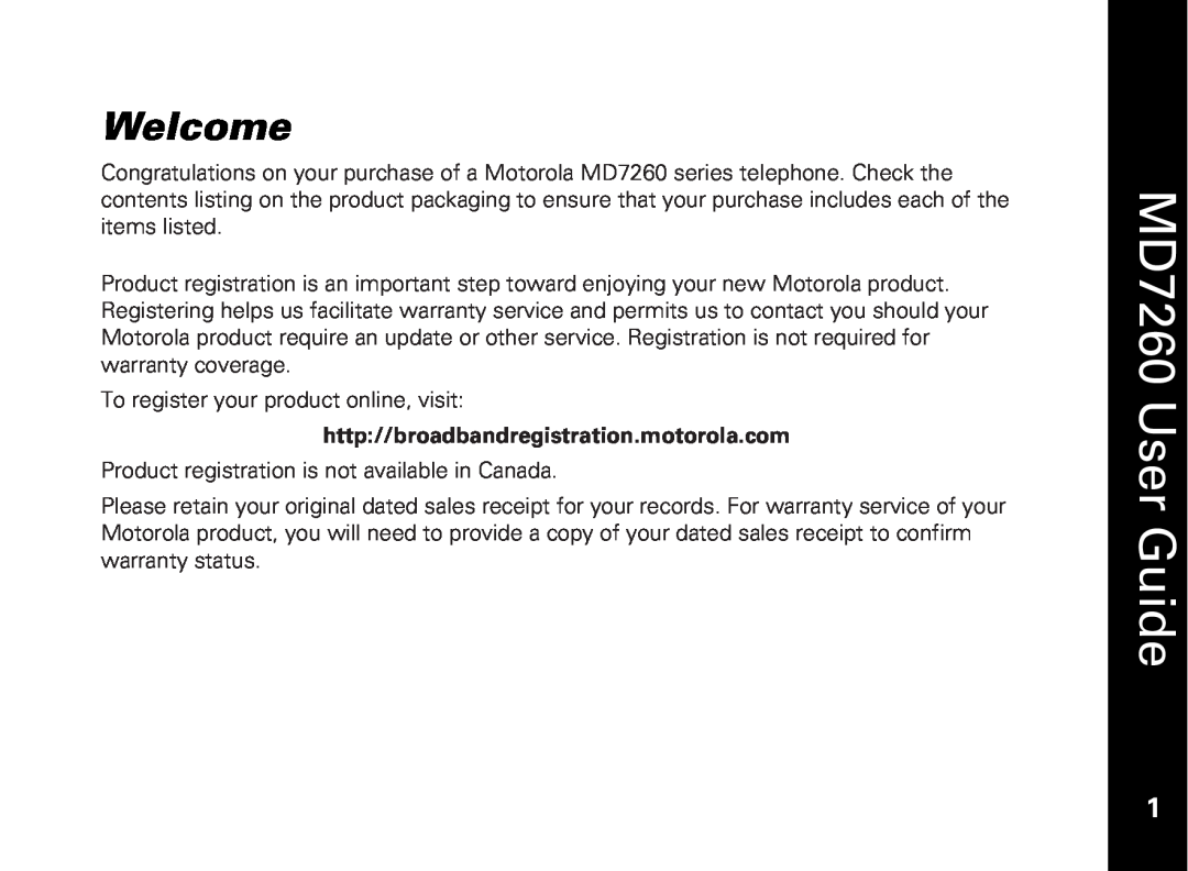Motorola manual Welcome, http//broadbandregistration.motorola.com, MD7260 User Guide 