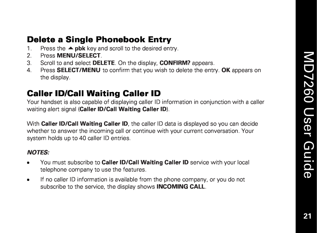 Motorola manual Delete a Single Phonebook Entry, Caller ID/Call Waiting Caller ID, Press MENU/SELECT, MD7260 User Guide 