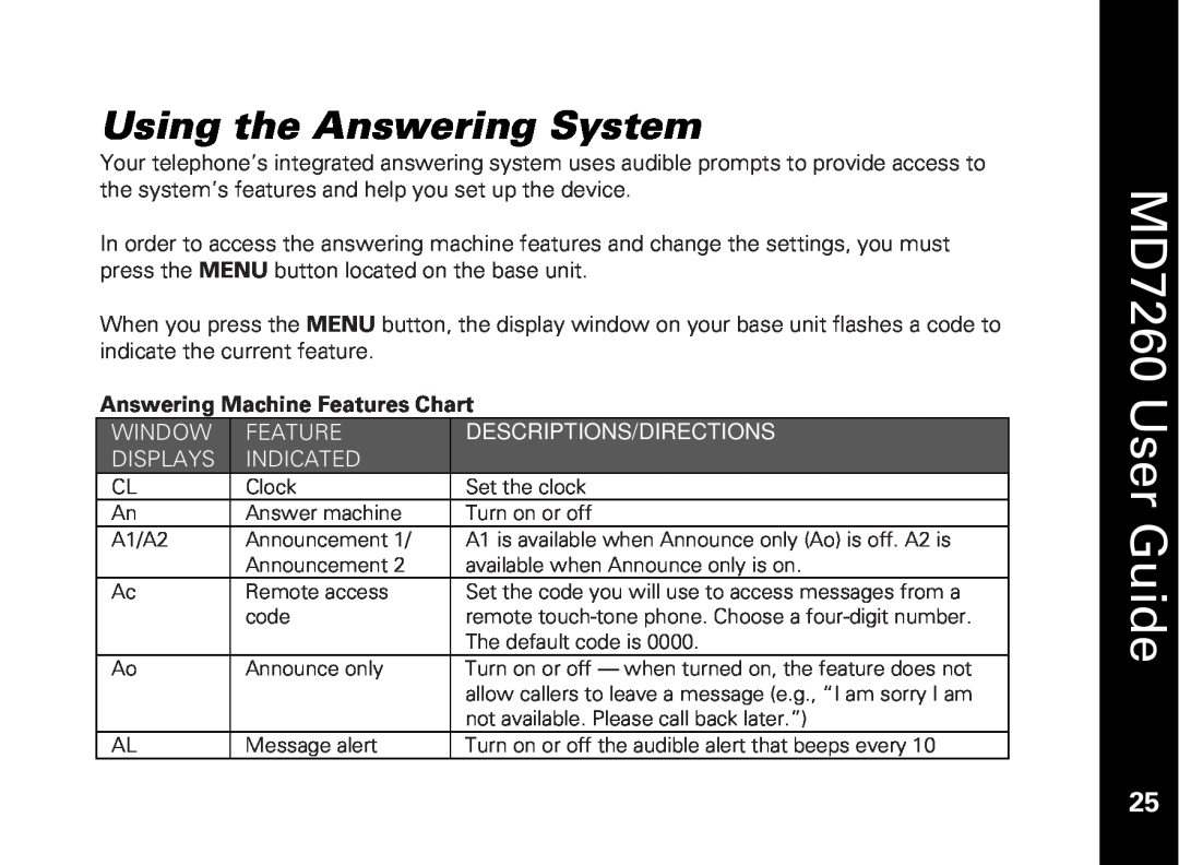 Motorola Using the Answering System, Answering Machine Features Chart, MD7260 User Guide, Window, Displays, Indicated 