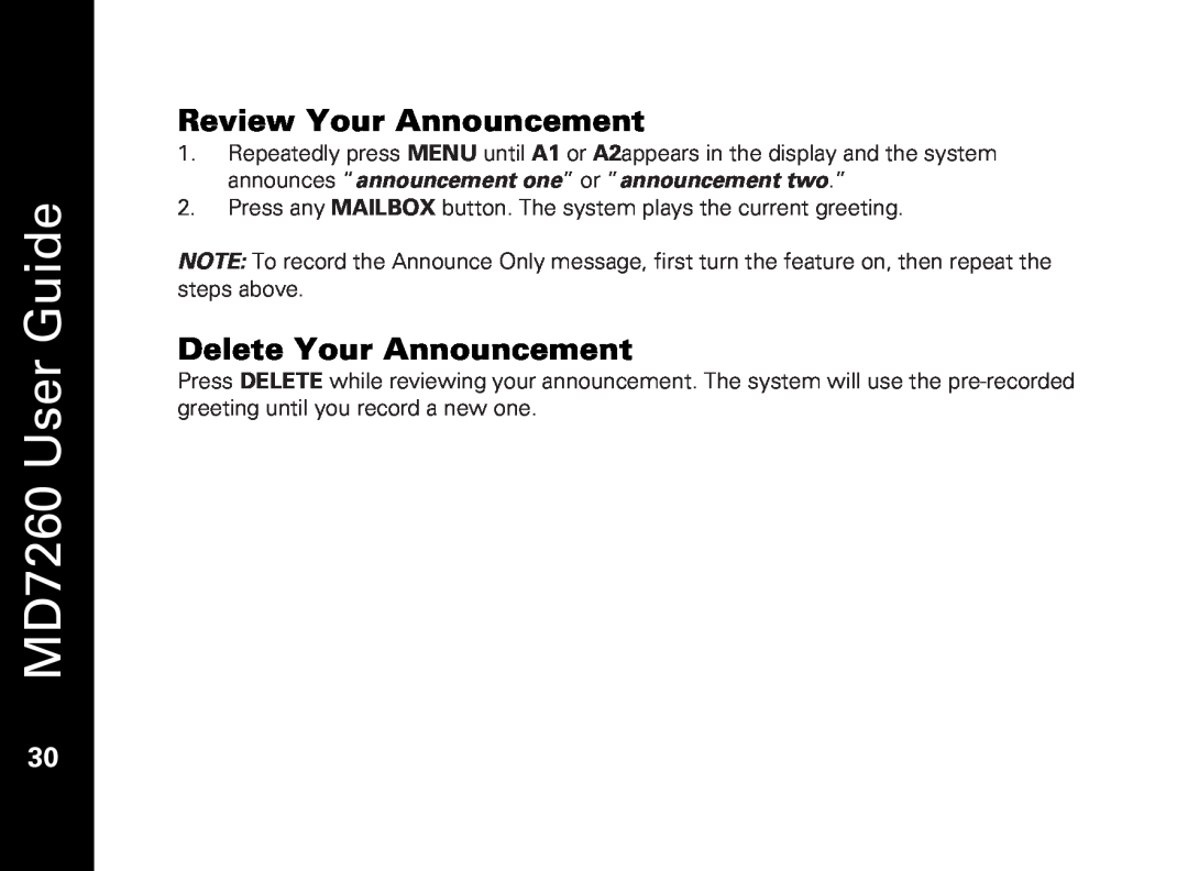 Motorola manual Review Your Announcement, Delete Your Announcement, MD7260 User Guide 