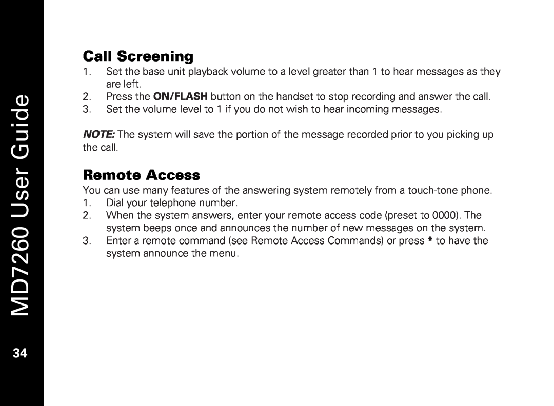 Motorola manual Call Screening, Remote Access, MD7260 User Guide 