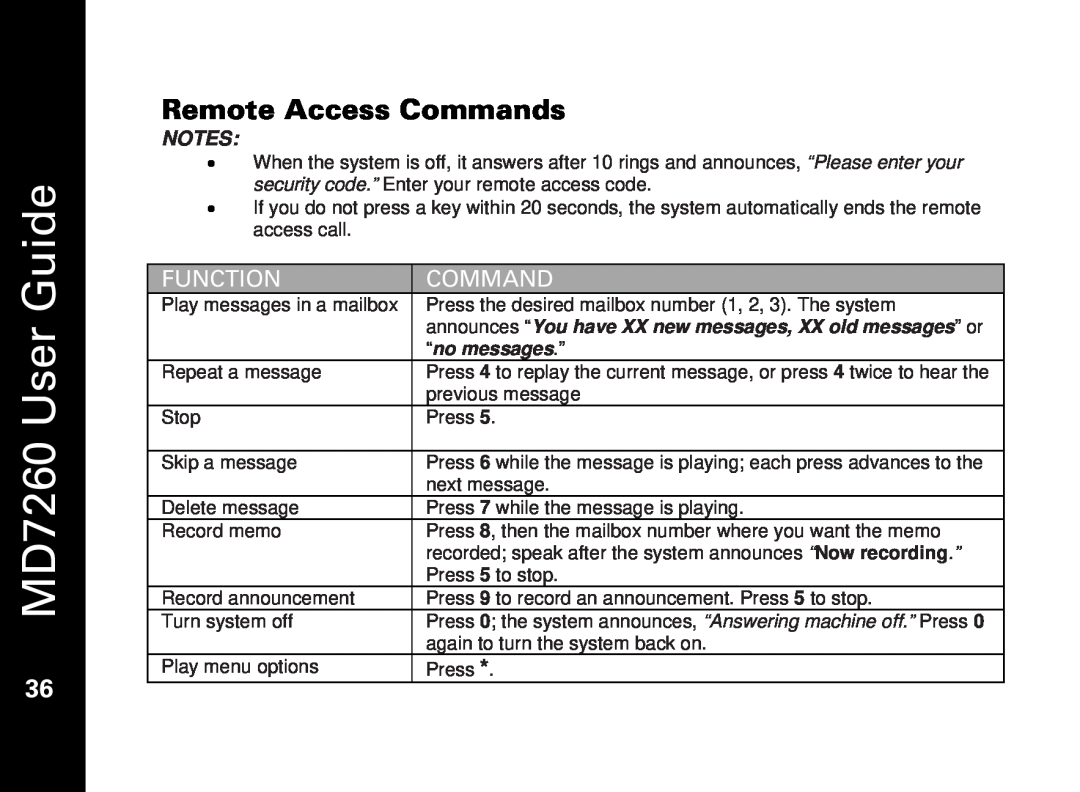 Motorola manual Remote Access Commands, MD7260 User Guide, Function, “no messages.” 
