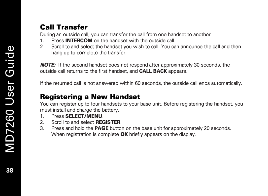 Motorola manual Call Transfer, Registering a New Handset, MD7260 User Guide, Press SELECT/MENU 