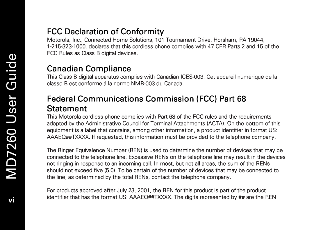 Motorola manual FCC Declaration of Conformity, Canadian Compliance, MD7260 GuideUser 