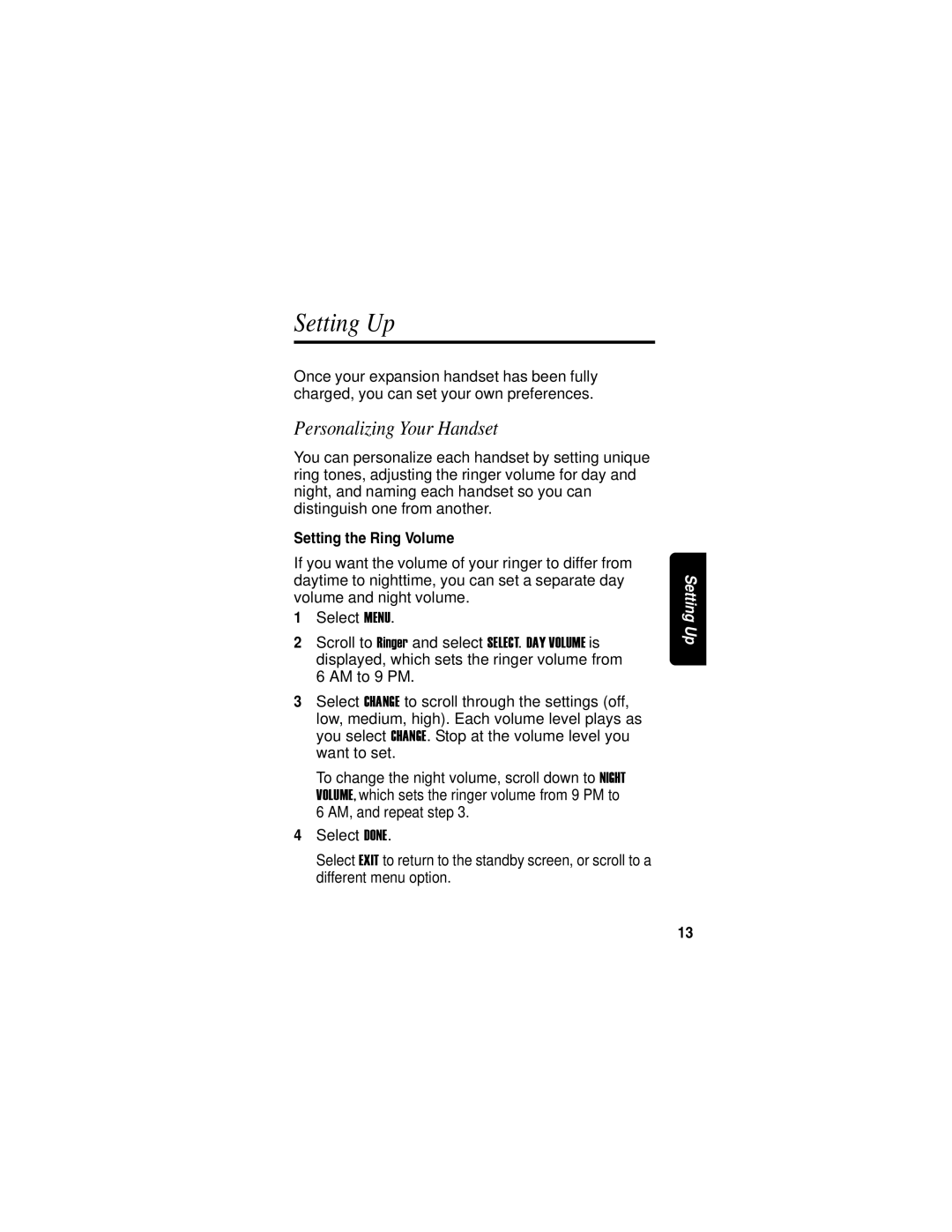 Motorola MD751 manual Setting Up, Personalizing Your Handset, Setting the Ring Volume 