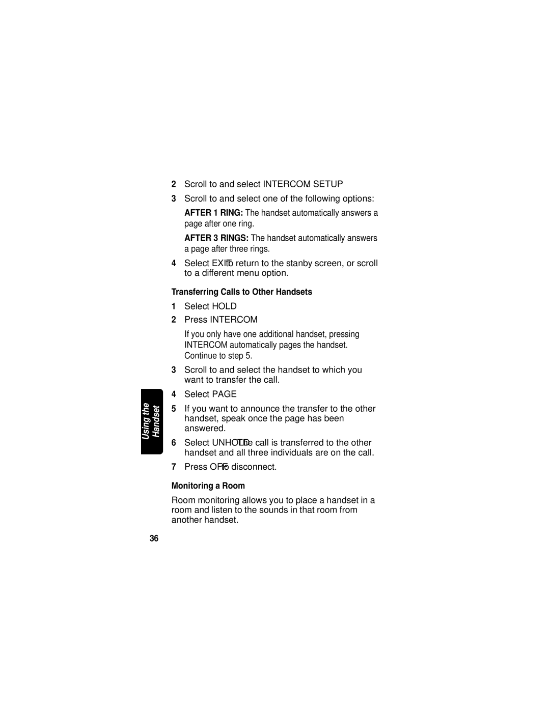 Motorola MD751 manual Transferring Calls to Other Handsets, Monitoring a Room 