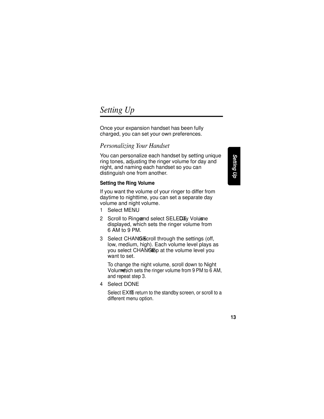 Motorola MD760 manual Setting Up, Personalizing Your Handset, Setting the Ring Volume 