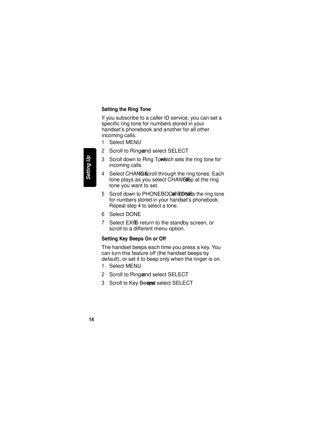 Motorola MD760 manual Setting the Ring Tone, Setting Key Beeps On or Off 