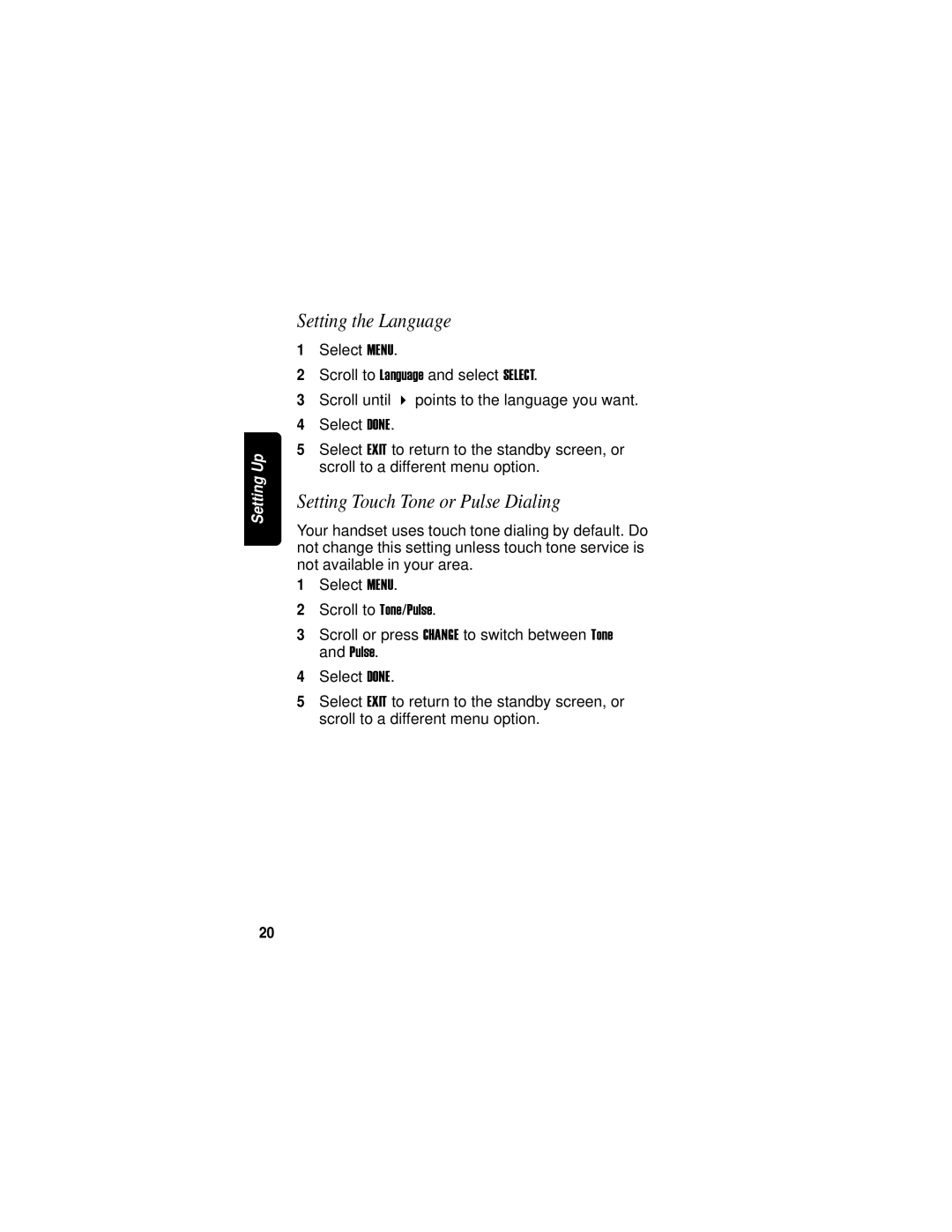 Motorola MD760 manual Setting the Language, Setting Touch Tone or Pulse Dialing 