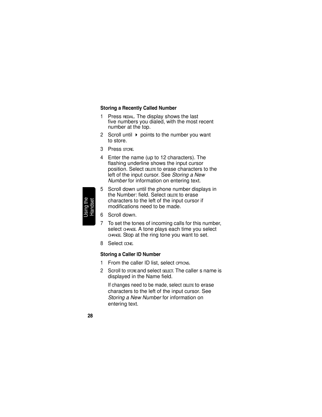 Motorola MD760 manual Storing a Recently Called Number, Storing a Caller ID Number 