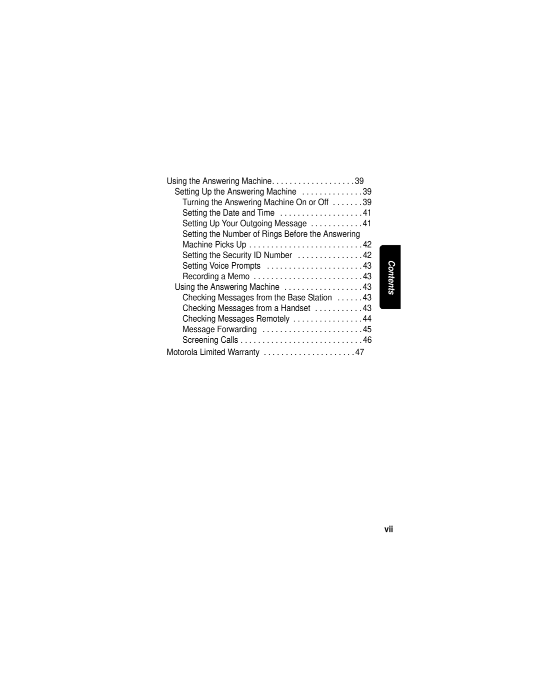 Motorola MD760 manual Setting the Number of Rings Before the Answering, Vii 