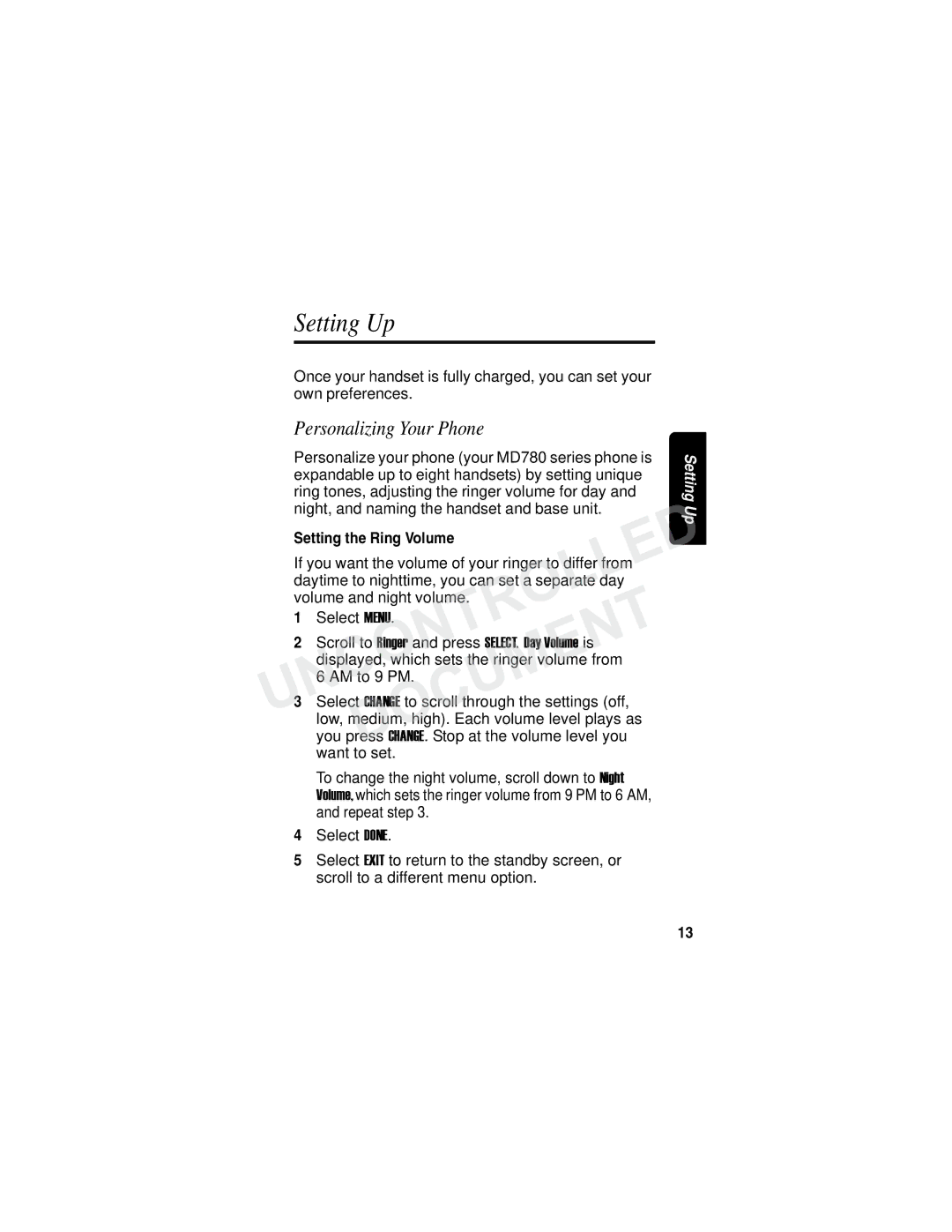 Motorola MD780 Series manual Setting Up, Personalizing Your Phone, Setting the Ring Volume 