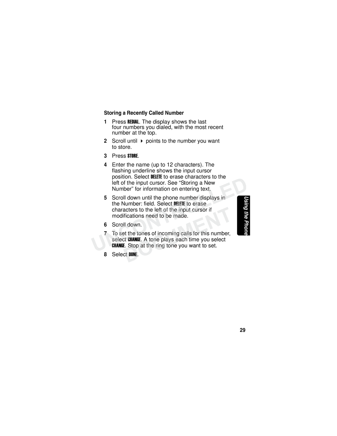 Motorola MD780 Series manual Storing a Recently Called Number, Scroll down until the phone number displays 