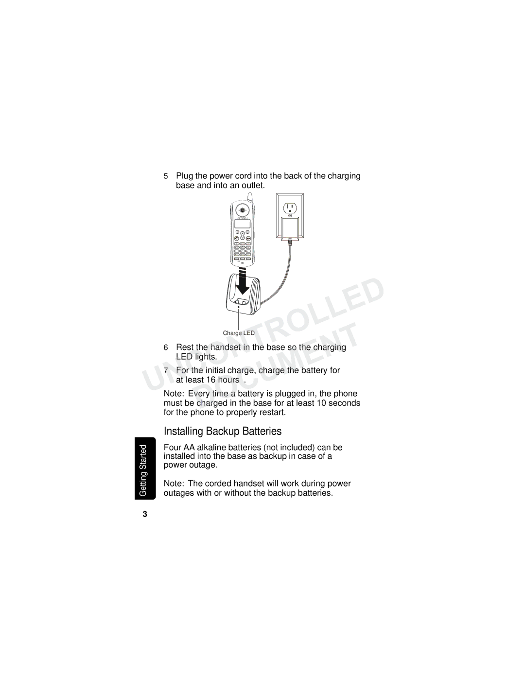 Motorola MD790 Series manual Installing Backup Batteries, Rest the handset in the base so the charging, LED lights 