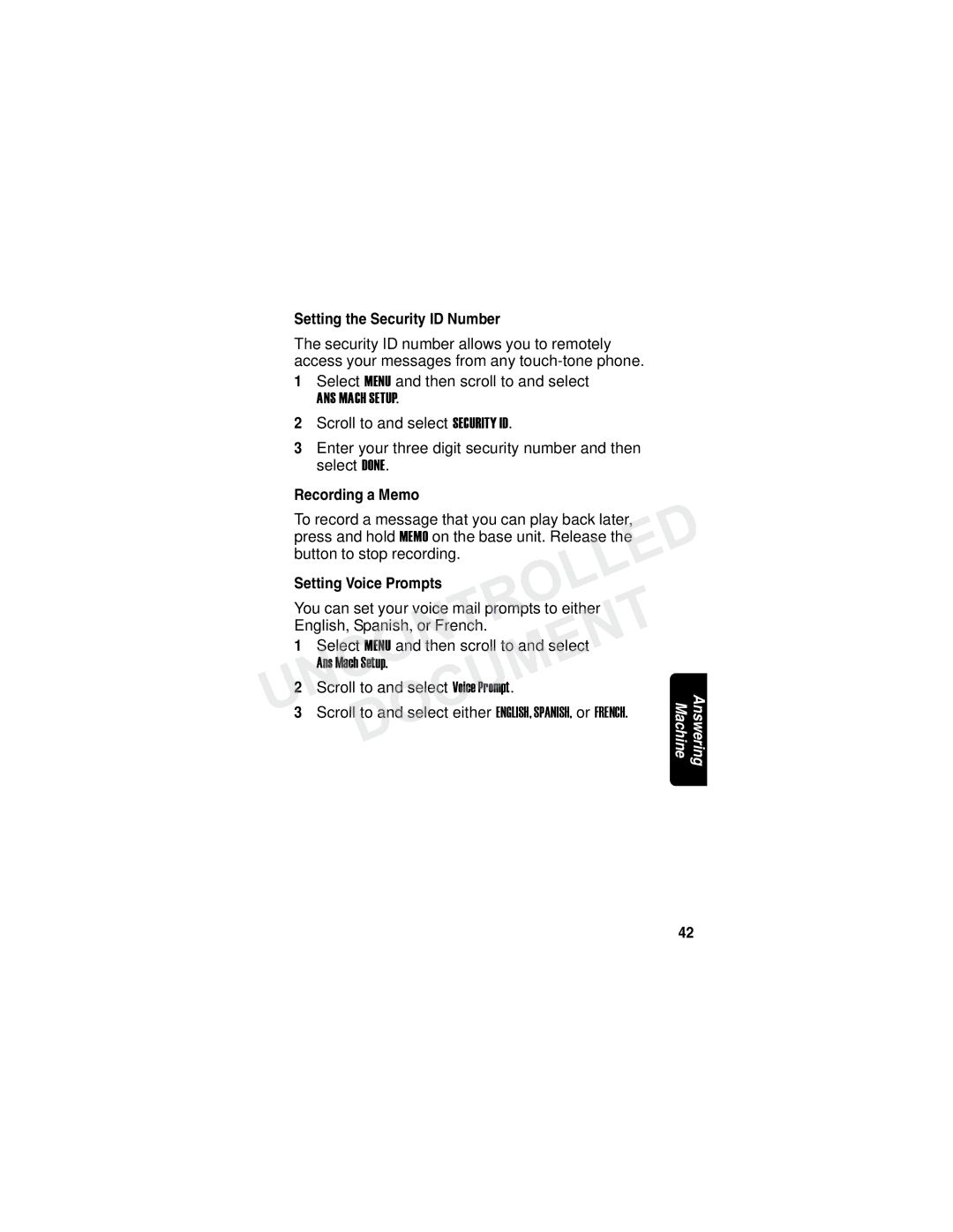 Motorola MD790 Series manual Setting the Security ID Number, Recording a Memo, Setting Voice Prompts 