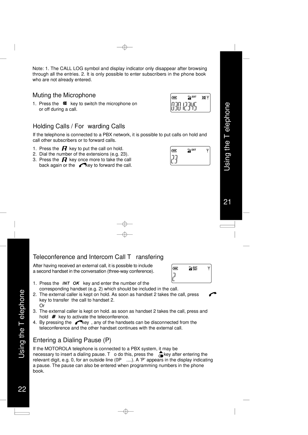 Motorola ME4050 Muting the Microphone, Holding Calls / Forwarding Calls, Teleconference and Intercom Call Transfering 