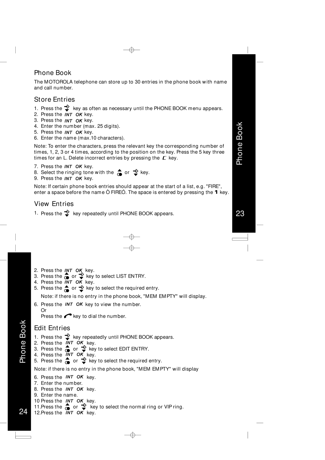 Motorola ME4050 manual Phone Book, Store Entries, View Entries, Edit Entries 