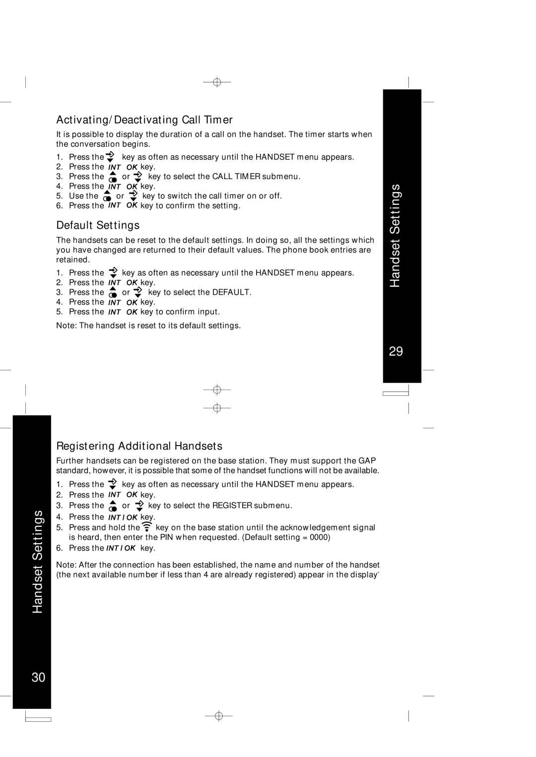 Motorola ME4050 manual Activating/Deactivating Call Timer, Default Settings, Registering Additional Handsets 