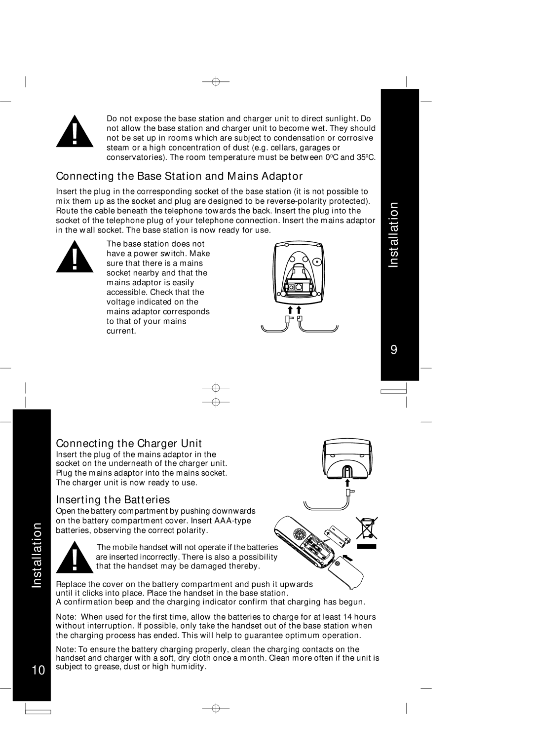 Motorola ME4050 manual Connecting the Base Station and Mains Adaptor, Connecting the Charger Unit, Inserting the Batteries 