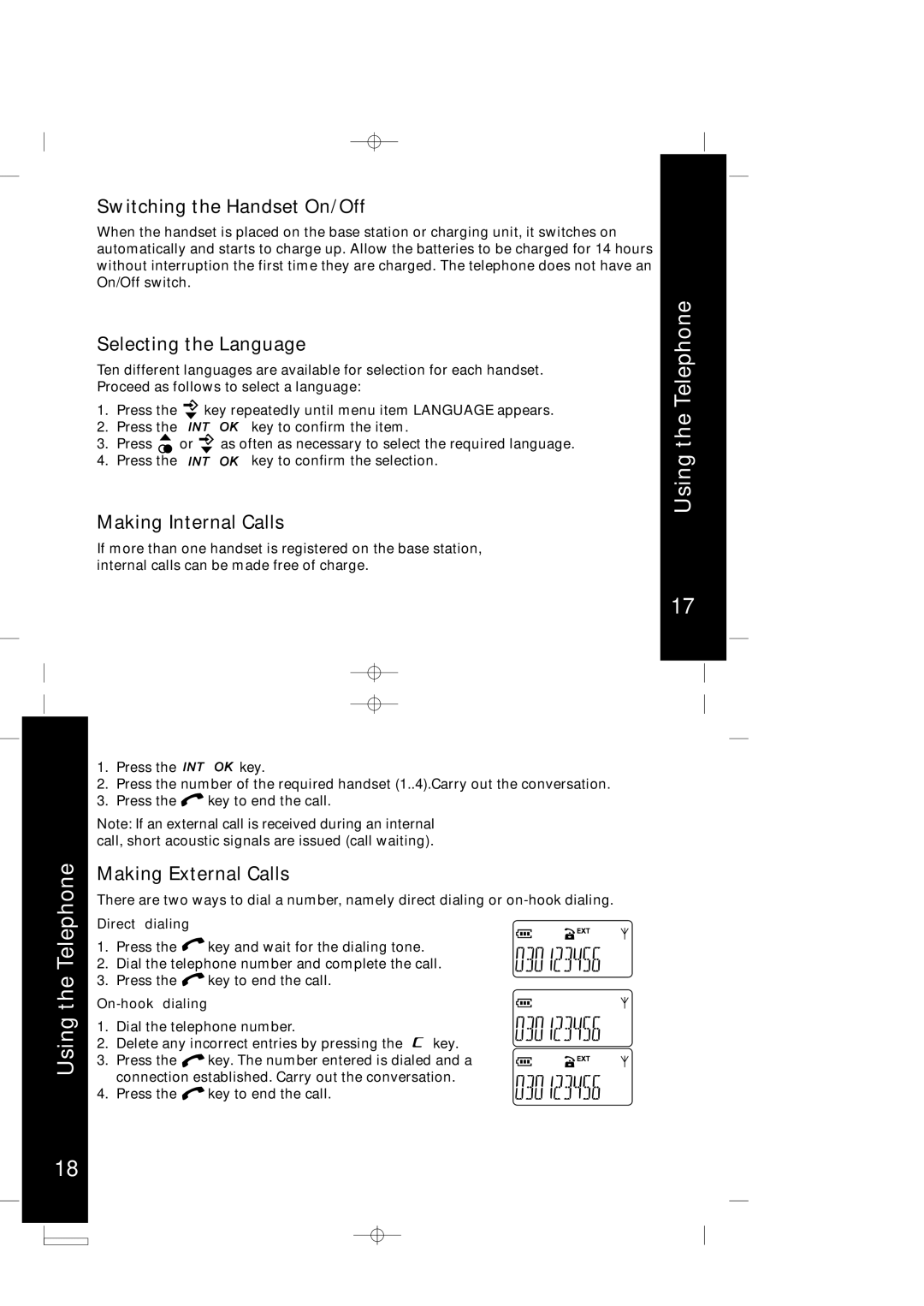 Motorola ME4050 manual Using the Telephone, Switching the Handset On/Off, Selecting the Language, Making Internal Calls 