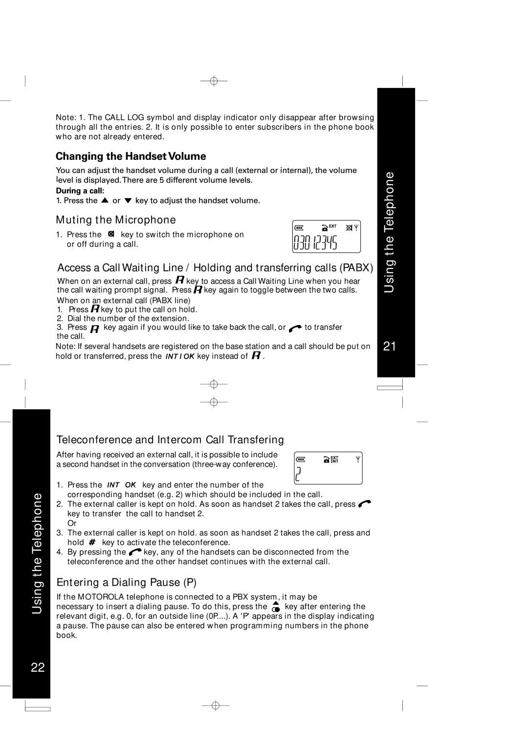 Motorola ME4050 manual Muting the Microphone, Teleconference and Intercom Call Transfering, Entering a Dialing Pause P 