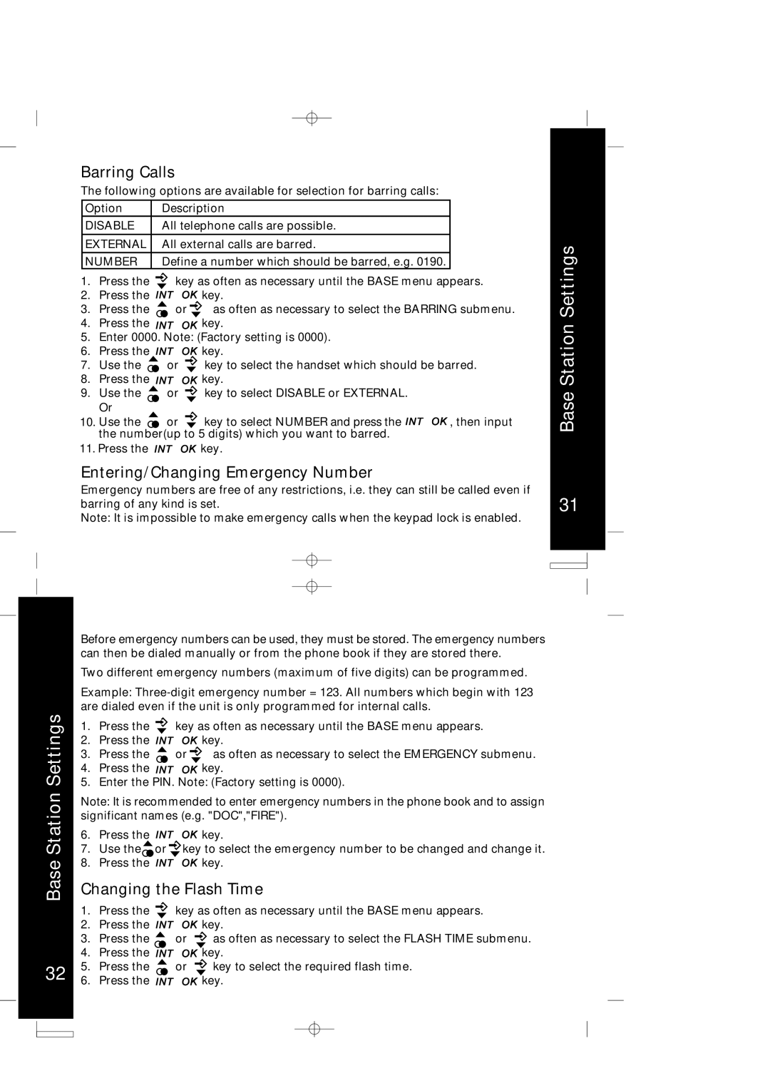 Motorola ME4050 manual Base Station Settings, Barring Calls, Entering/Changing Emergency Number, Changing the Flash Time 