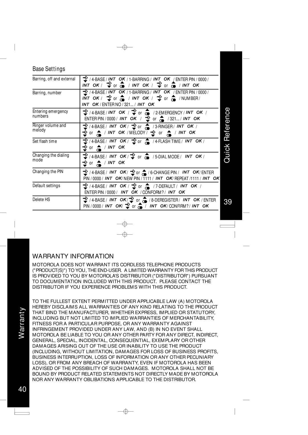 Motorola ME4050 manual Quick Reference Warranty, Base Settings 