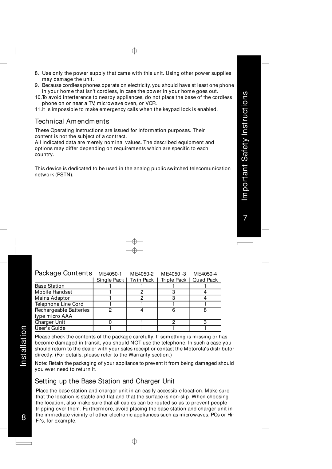 Motorola ME4050 manual Important InstructionsSafety Installation, Technical Amendments, Package Contents 