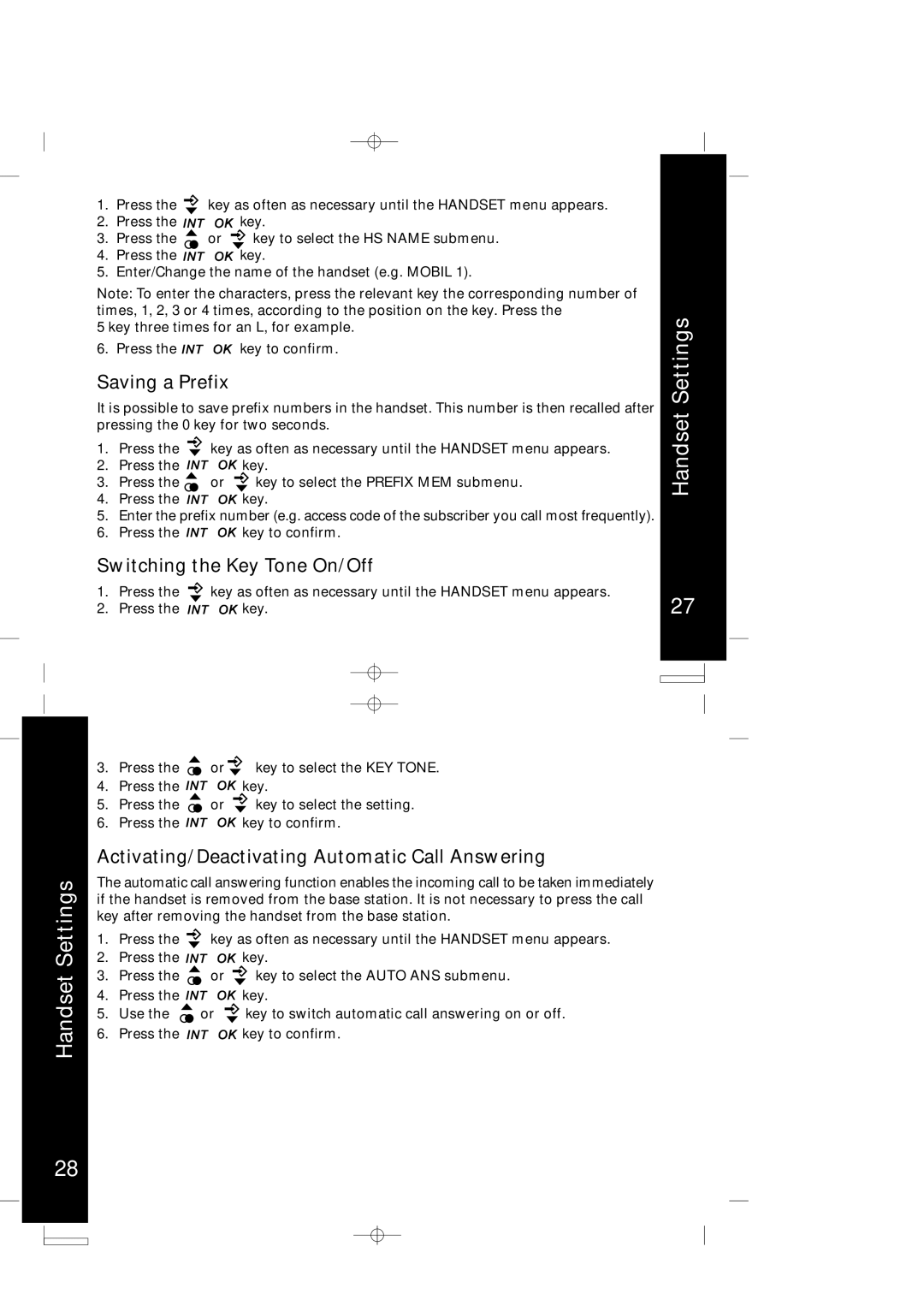 Motorola ME4066 Series Saving a Prefix, Switching the Key Tone On/Off, Activating/Deactivating Automatic Call Answering 