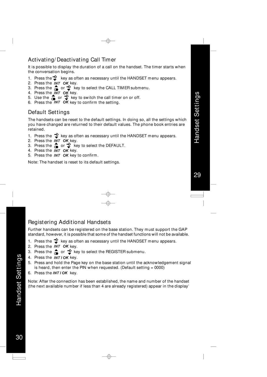 Motorola ME4066 Series manual Activating/Deactivating Call Timer, Default Settings, Registering Additional Handsets 