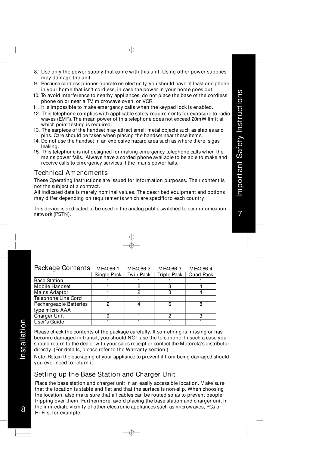 Motorola ME4066 Series manual Important InstructionsSafety Installation, Technical Amendments, Package Contents 