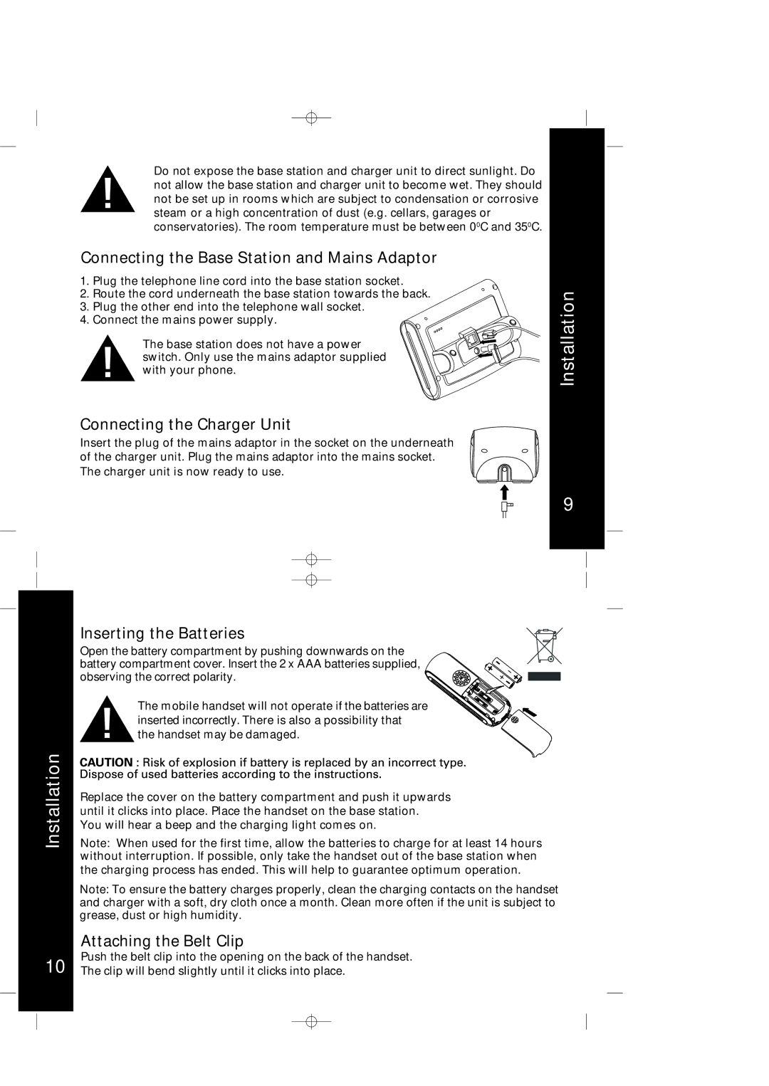 Motorola ME4066 Series Connecting the Base Station and Mains Adaptor, Connecting the Charger Unit, Inserting the Batteries 