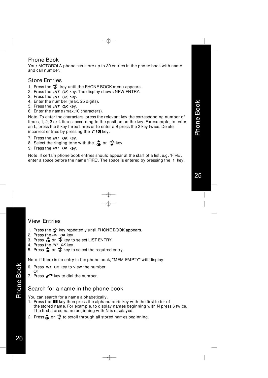 Motorola ME4067 Series manual Phone Book, Store Entries, View Entries, Search for a name in the phone book 