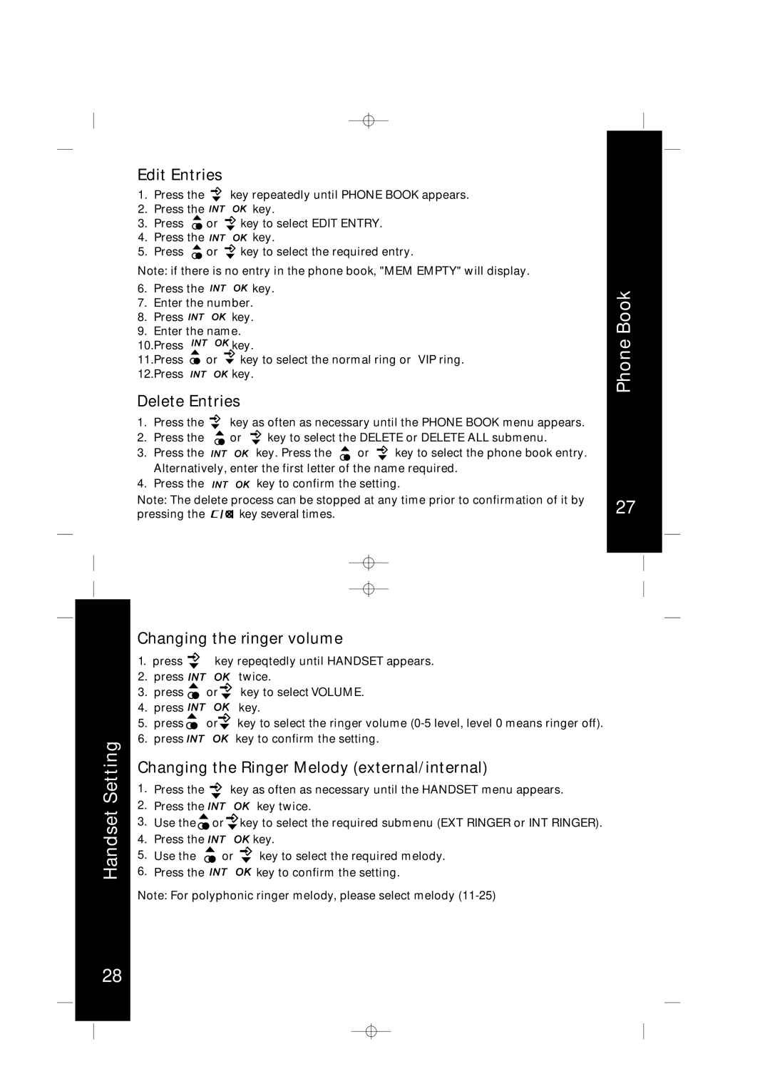 Motorola ME4067 Series manual Handset Setting, Edit Entries, Delete Entries, Changing the ringer volume 