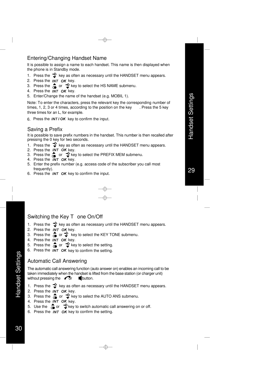 Motorola ME4067 Series Handset Settings, Entering/Changing Handset Name, Saving a Prefix, Switching the Key Tone On/Off 