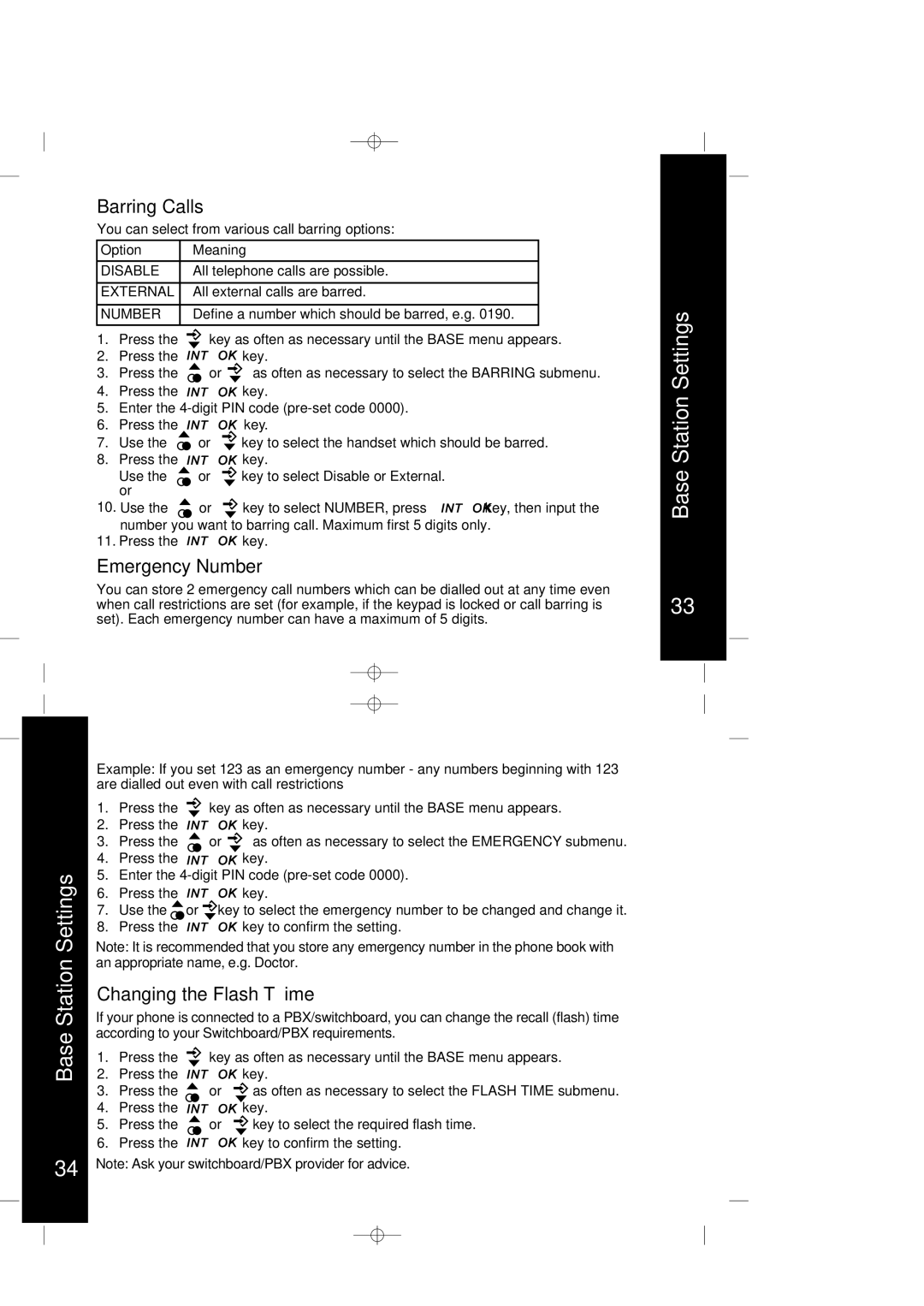 Motorola ME4067 Series manual Base Station Settings, Barring Calls, Emergency Number, Changing the Flash Time 