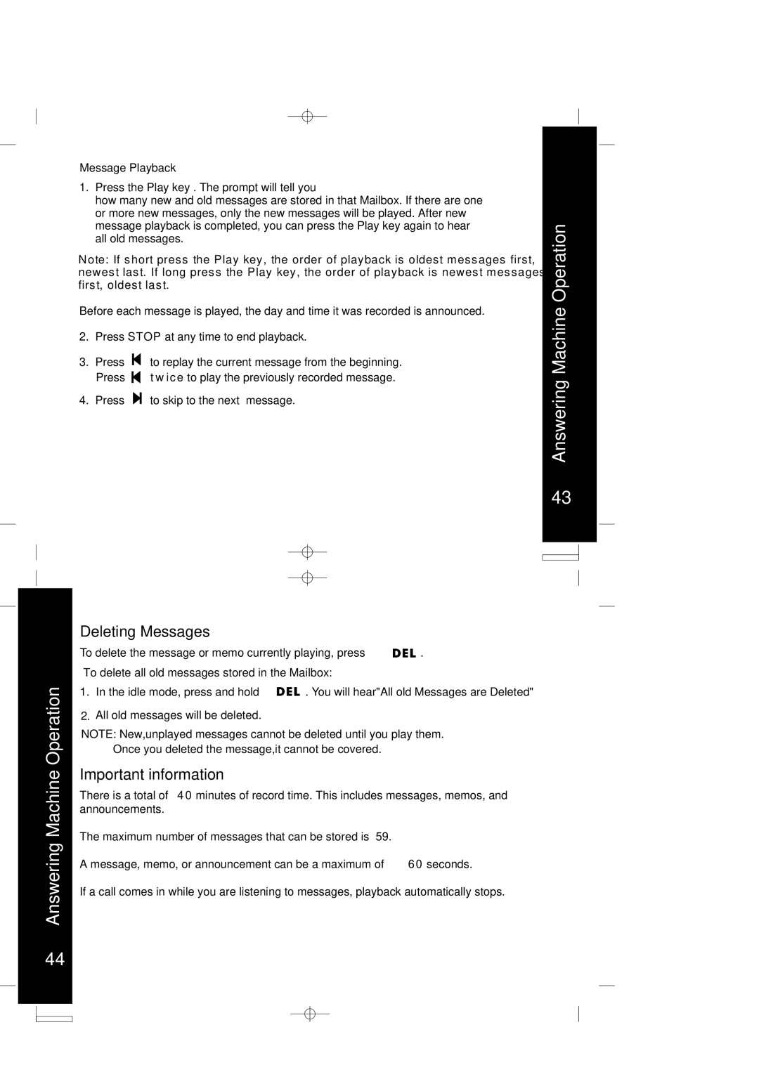 Motorola ME4067 Series manual Deleting Messages, Important information, Message Playback 