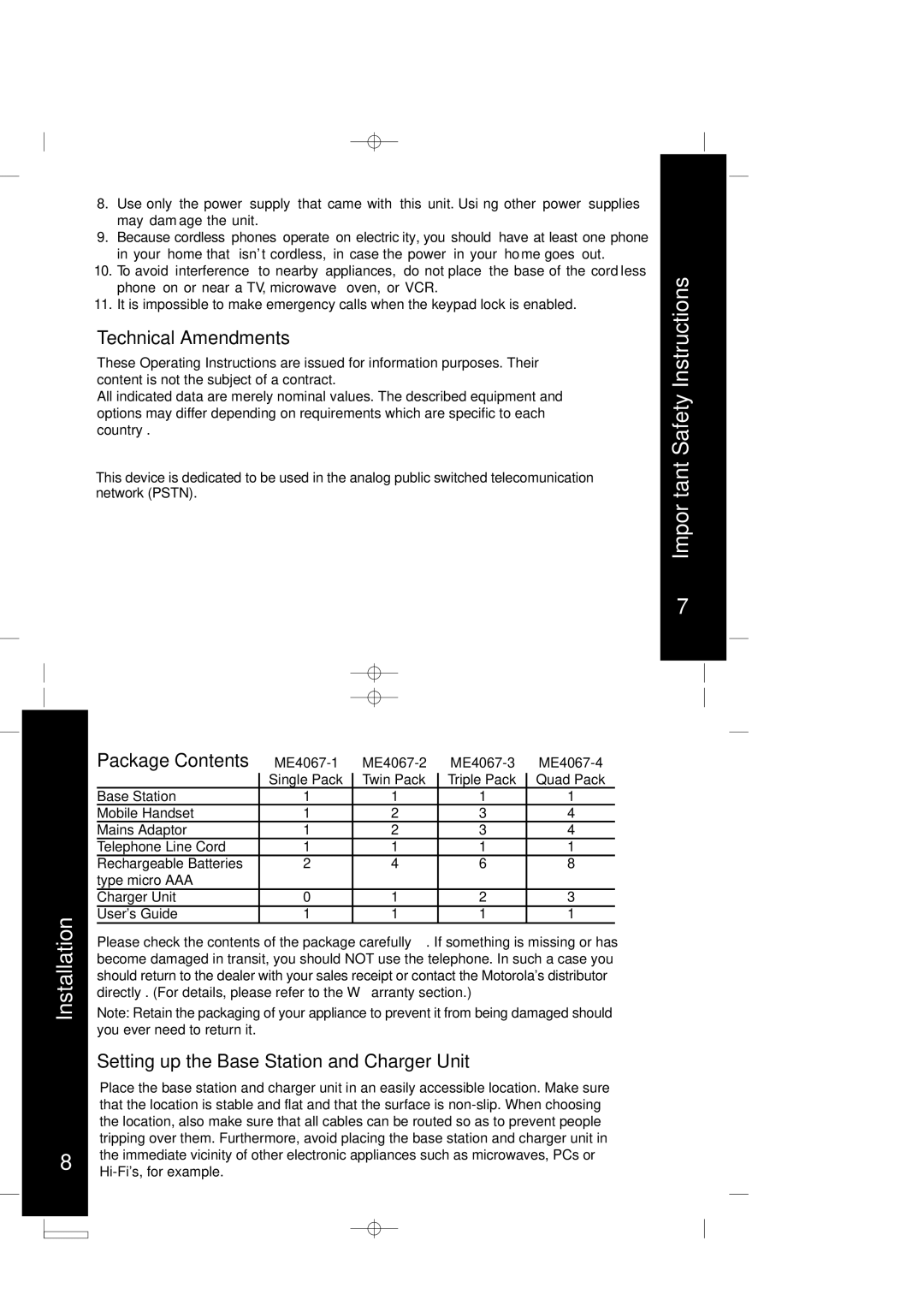 Motorola ME4067 Series manual Important InstructionsSafety Installation, Technical Amendments, Package Contents 