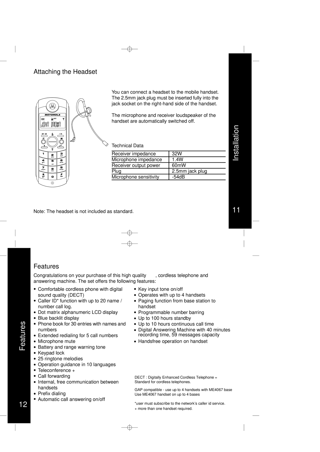 Motorola ME4067 Series manual Features, Attaching the Headset, Technical Data 