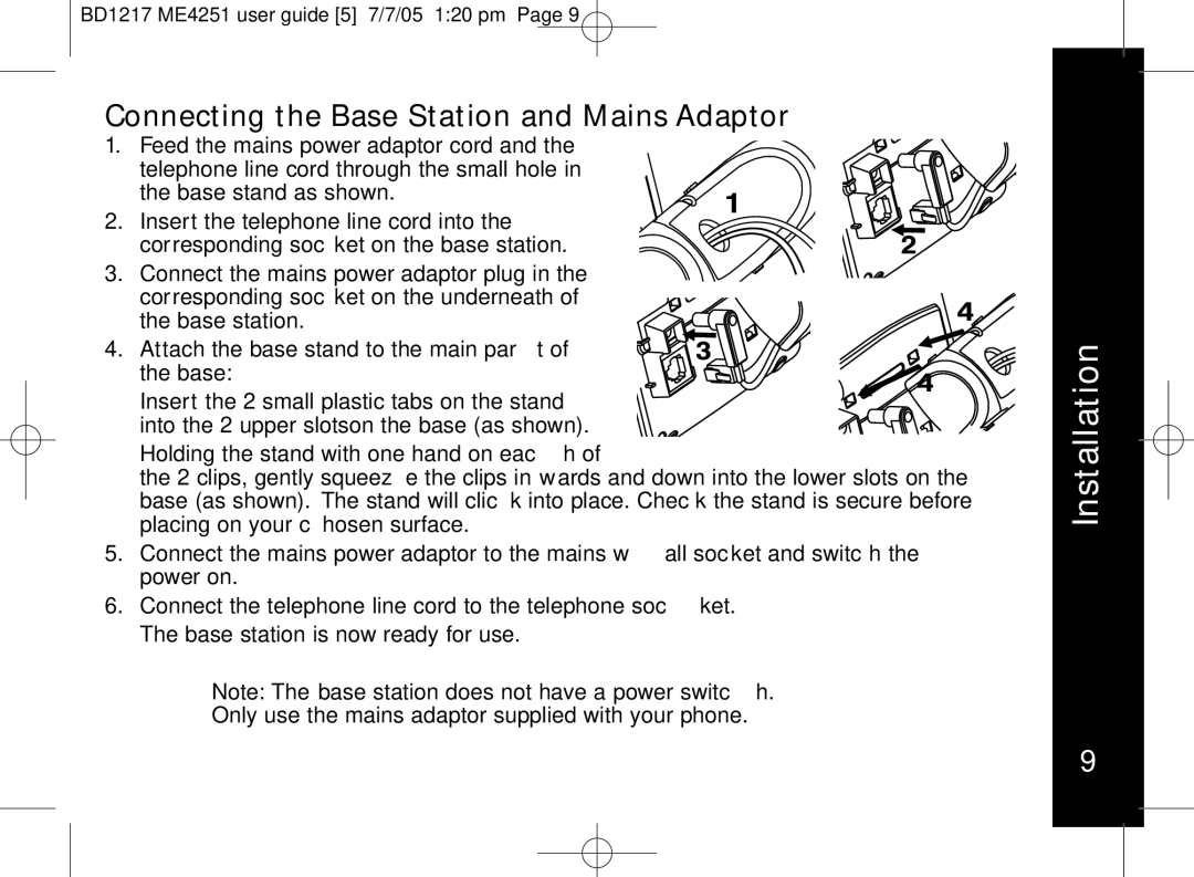 Motorola ME4251 manual Connecting the Base Station and Mains Adaptor 