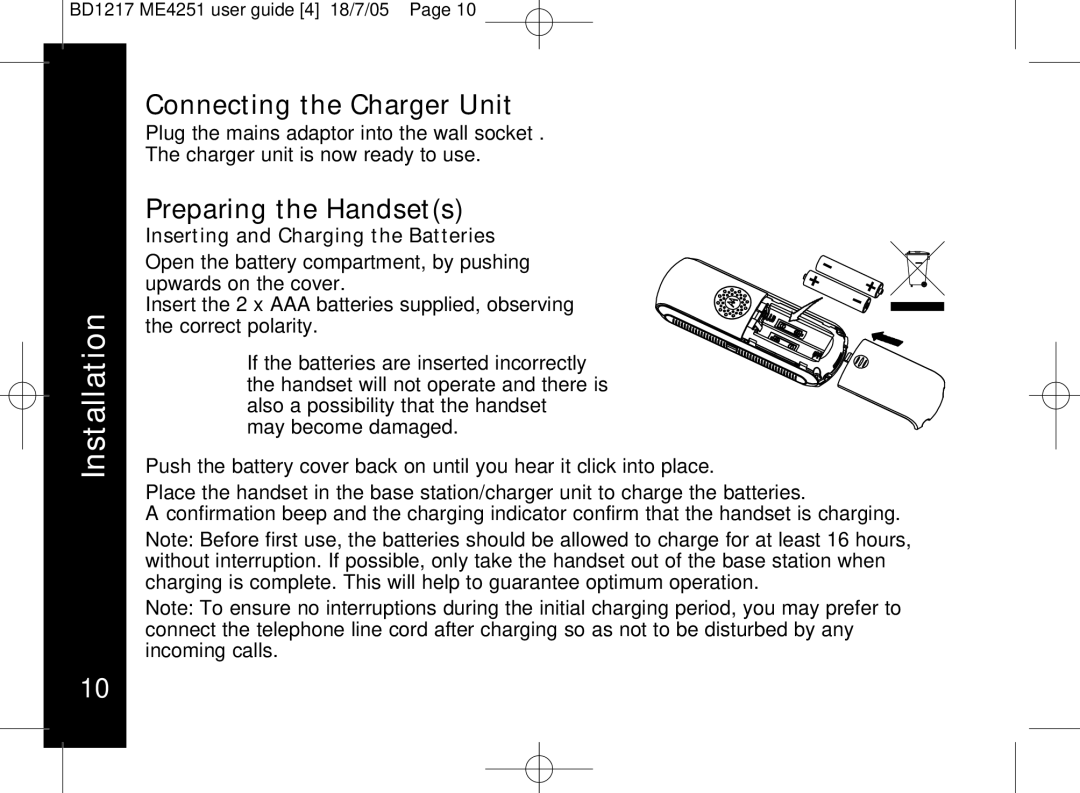 Motorola ME4251 manual Connecting the Charger Unit, Preparing the Handsets, Inserting and Charging the Batteries 