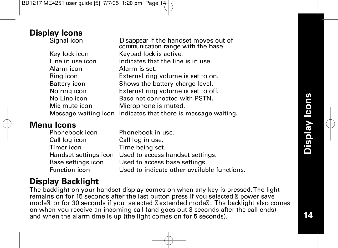 Motorola ME4251 manual Display Icons, Menu Icons, Display Backlight 