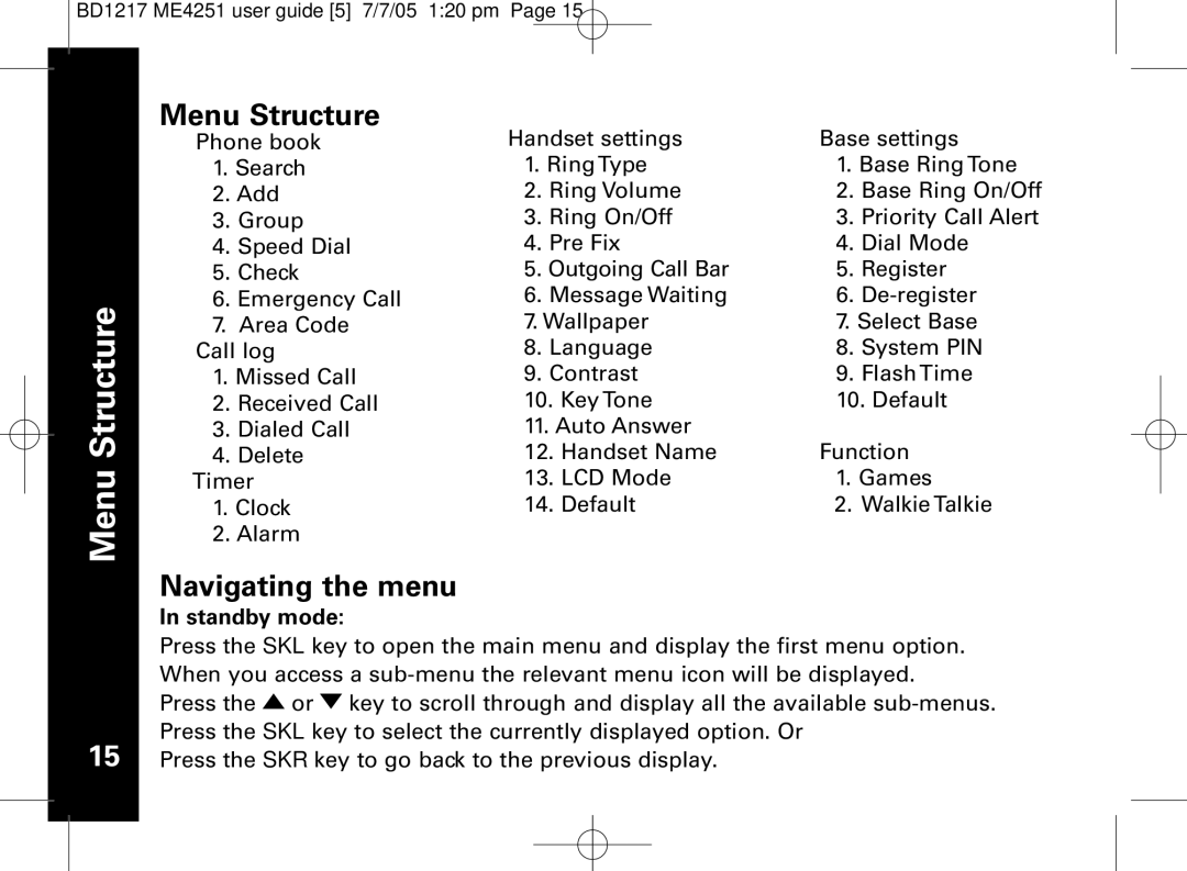 Motorola ME4251 manual Menu Structure, Navigating the menu, Standby mode 